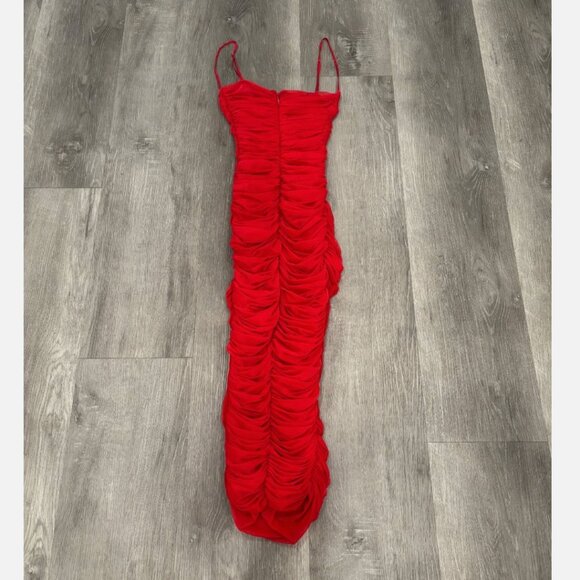 HOUSE OF CB Sirene Ruched Mesh Midi Dress Red Womens XS - Picture 2 of 8